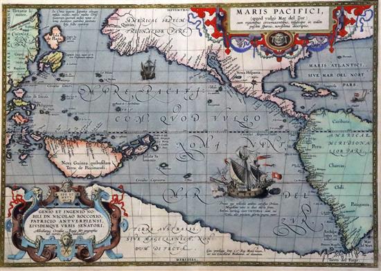 Abraham Ortelius Map of Maris Pacifici, first published 1589 (dated), Theatrum Orbis Terrarum Latin edition, later hand-coloured 14 x